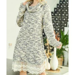 Handmade Mint & Grey Knit Dress with Lace Hem